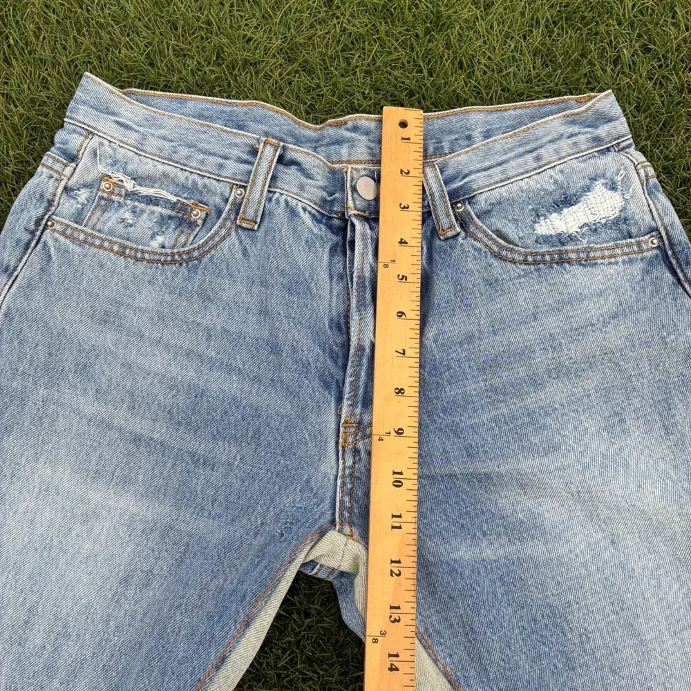 MNML Mens 30x33 Paneled Flare Jeans Light Wash Distressed Blue Cream Streetwear